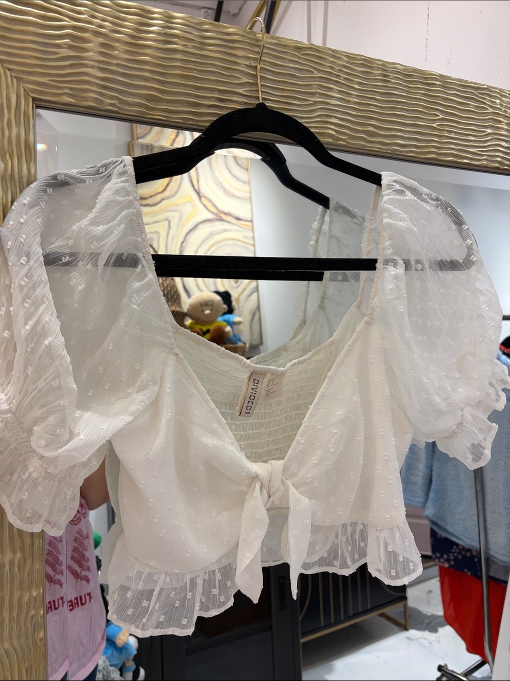 Divided White Swiss Dot Tie-Front Puff Sleeve Crop Top